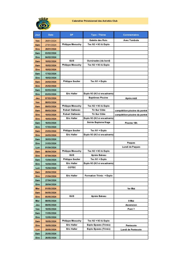 Calendrier Des Activit S Du Club Ussp